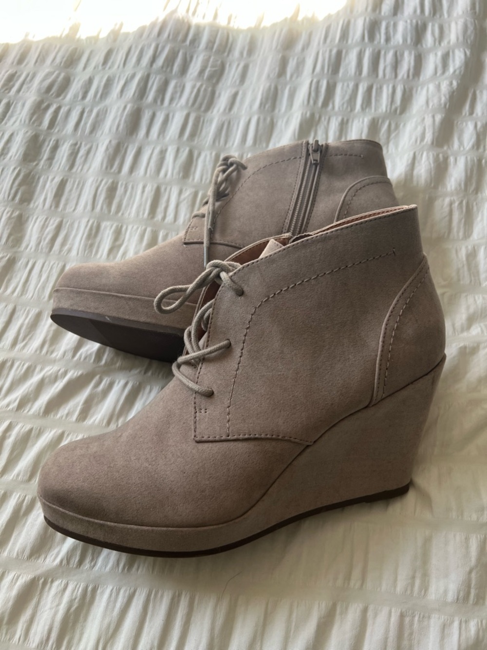 Dolce Vita Taupe Suede Lace-Up Wedge Booties